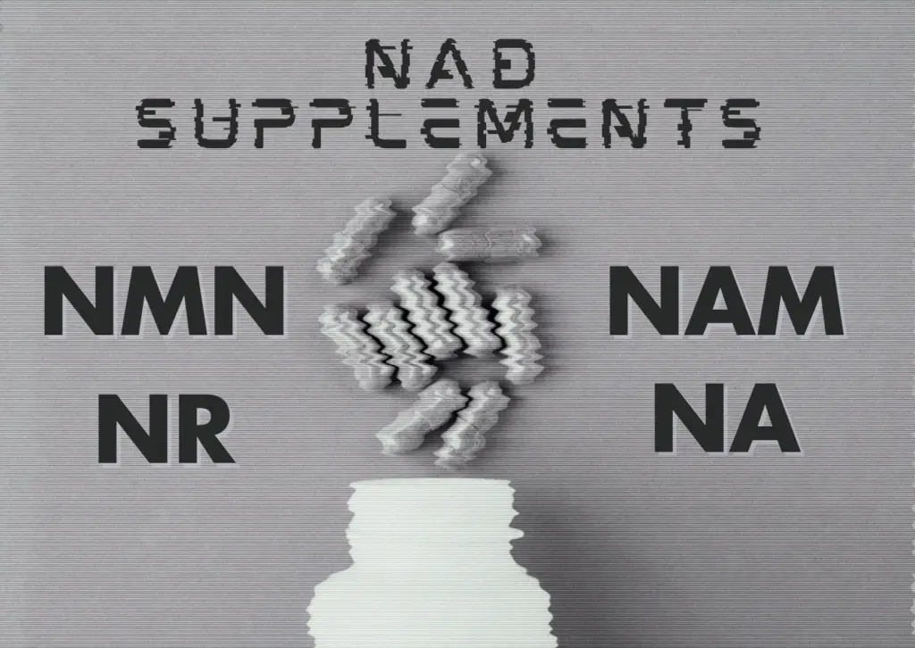 An image with pills representing NAD supplements (NMN, NR, NAM, NA).